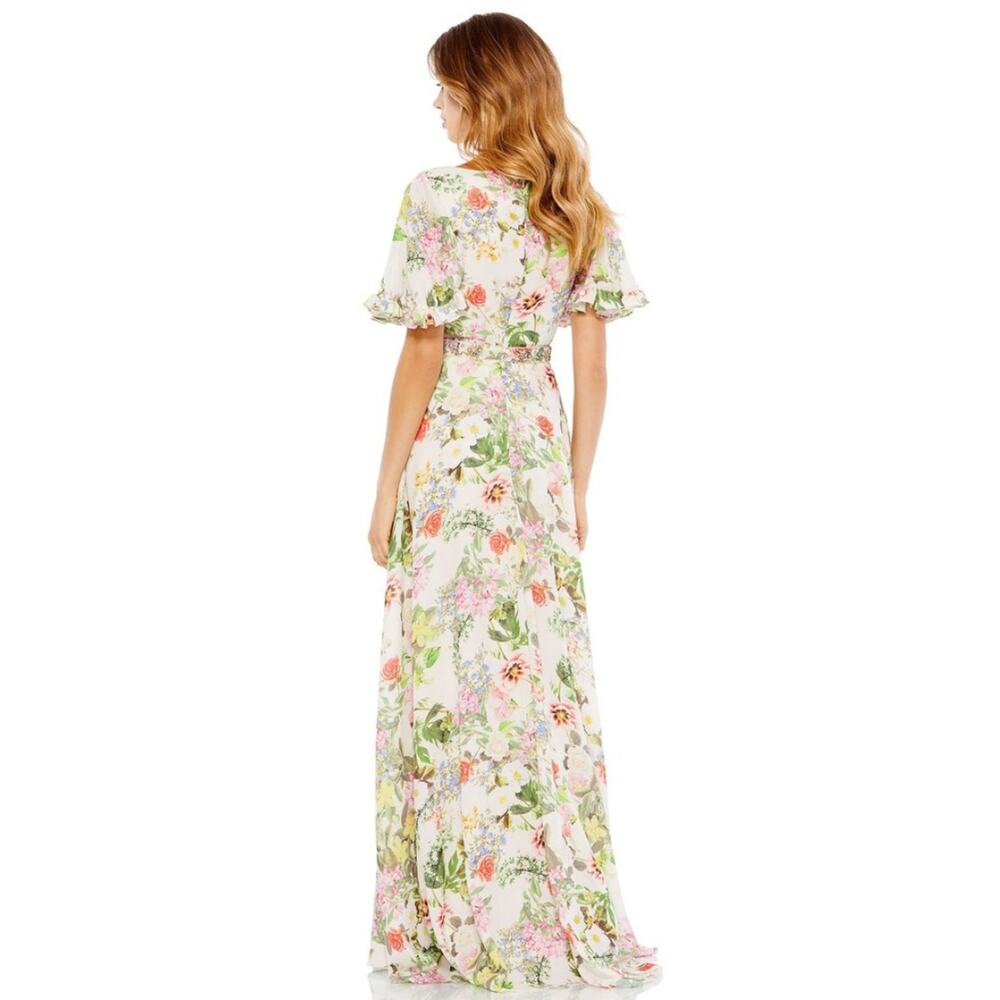 Mac Duggal Floral Print Faux Wrap Flutter Sleeve A-Line Gown Multicolor 12 NWT - Picture 4 of 11